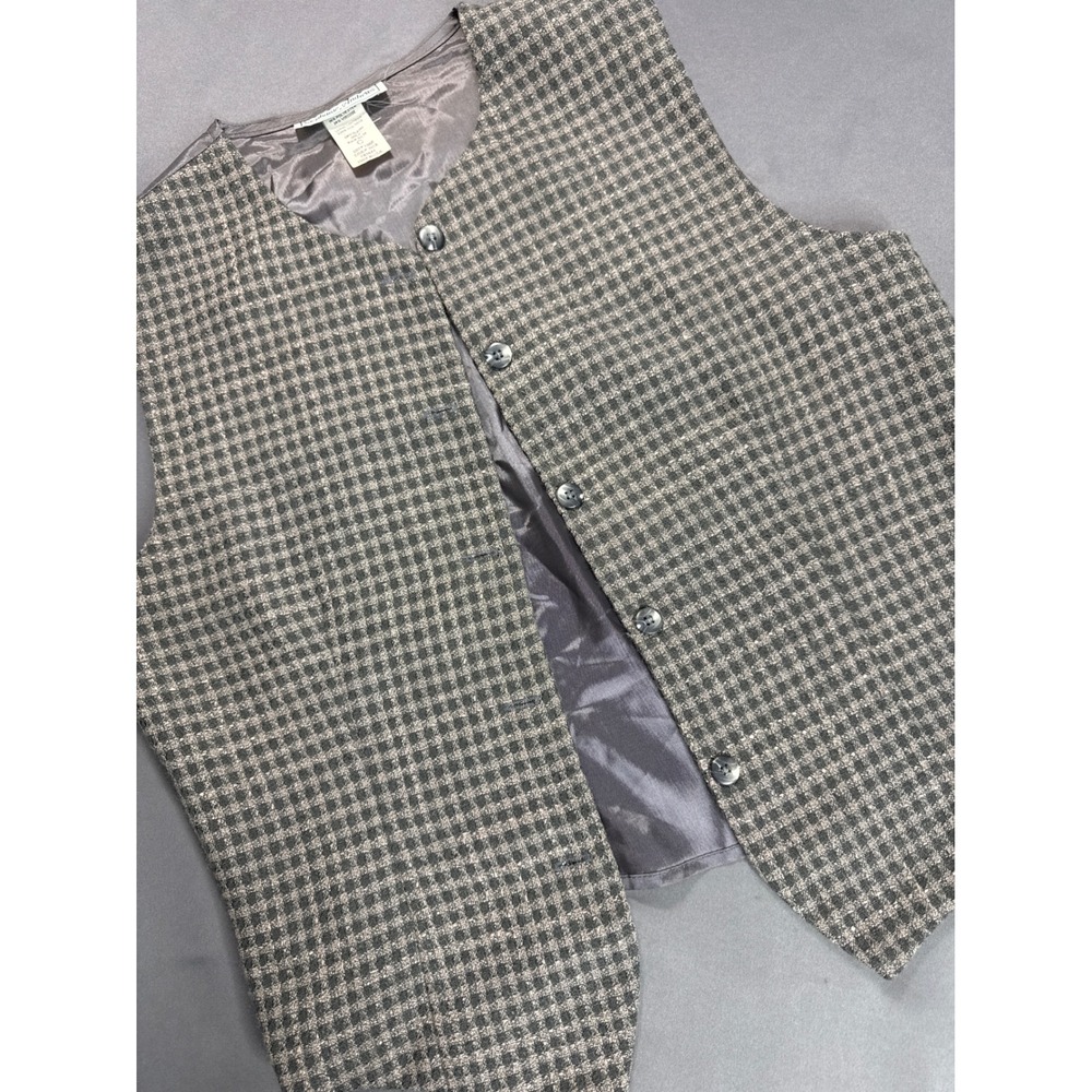 Stephanie Andrews Vintage Gray Check Button Front Vest Medium Made in USA